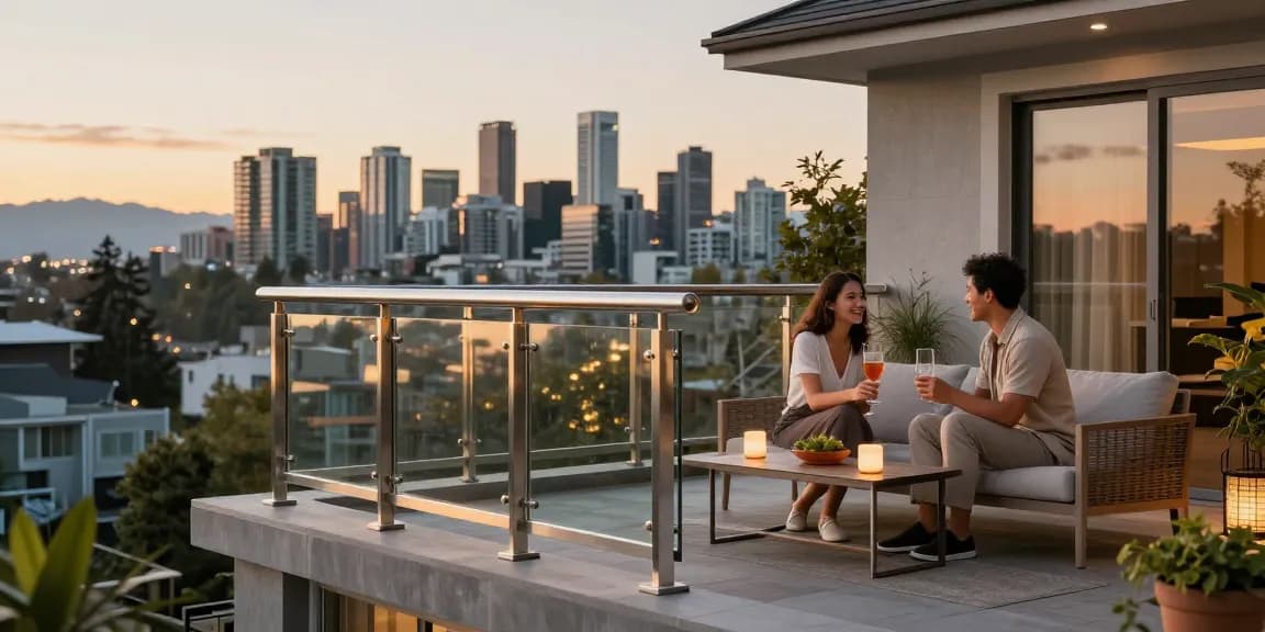 Stylish outdoor scene featuring custom railing north vancouver with city skyline view and happy couple.