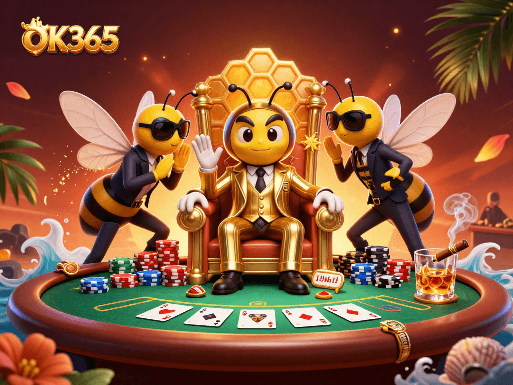 Experience thrilling poker action at OK365 with dynamic animated characters and vibrant casino elements.