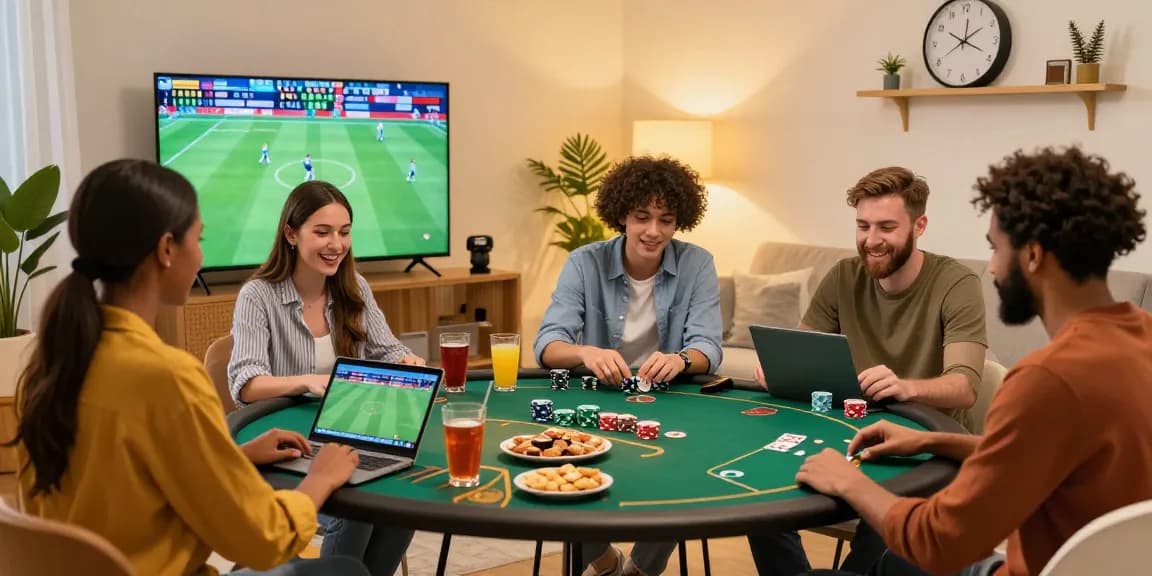 Diverse friends enjoying a fun online gambling experience at home, highlighting the gambleonline community.