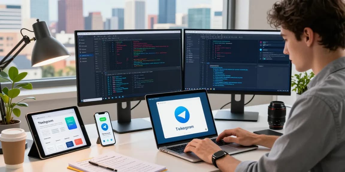 Focused professional downloading Telegram app on laptop in a modern workspace with vibrant city skyline.
