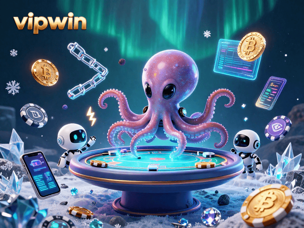 Experience thrilling gameplay at vipwin with a dynamic 3D scene of an alien octopus and robot at a holographic poker table.