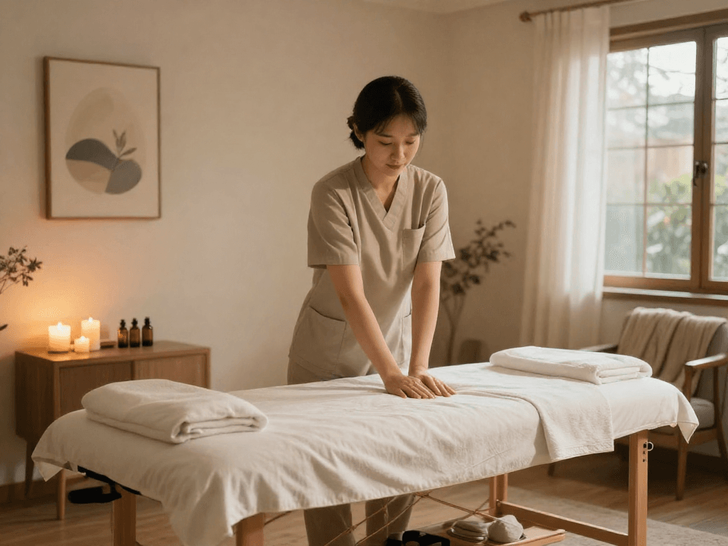 출장마사지 therapist preparing a cozy living room for a massage session with calming elements.
