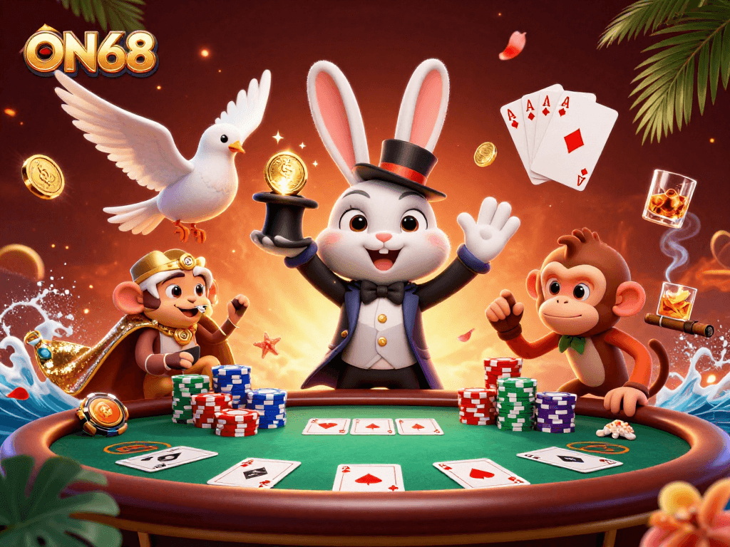 Experience ON68 with a vibrant scene featuring a magician rabbit and poker action