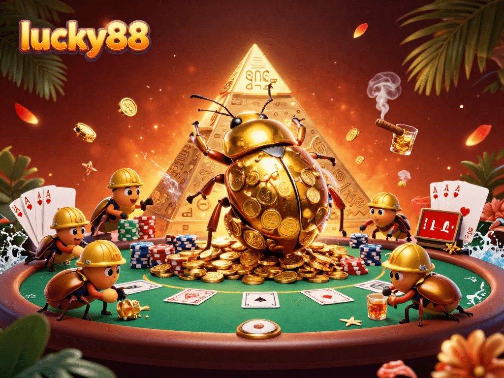 Engage in thrilling gameplay at lucky88, featuring a massive golden beetle rolling coins in a vibrant casino scene.