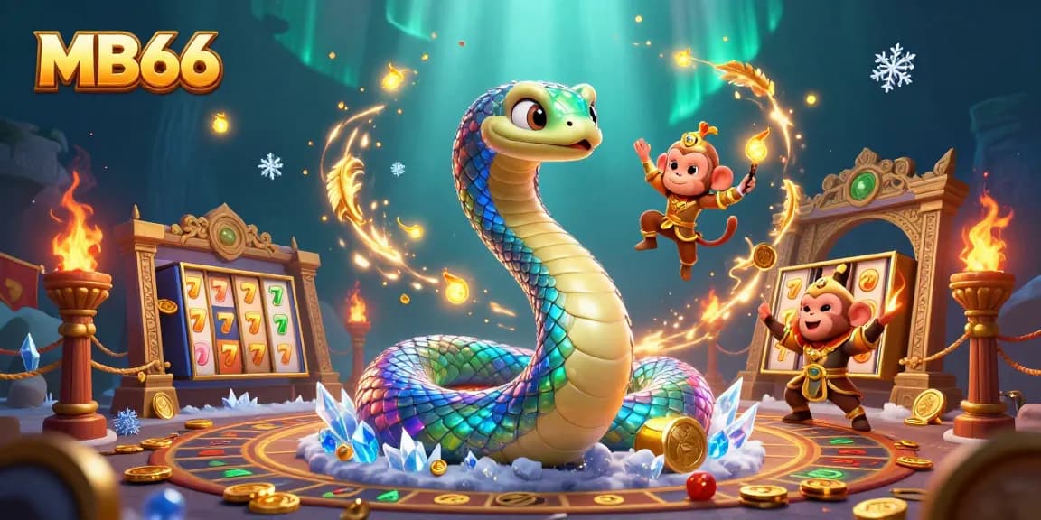 Experience the thrill of gambling with MB66 surrounded by vibrant slots and mystical characters.