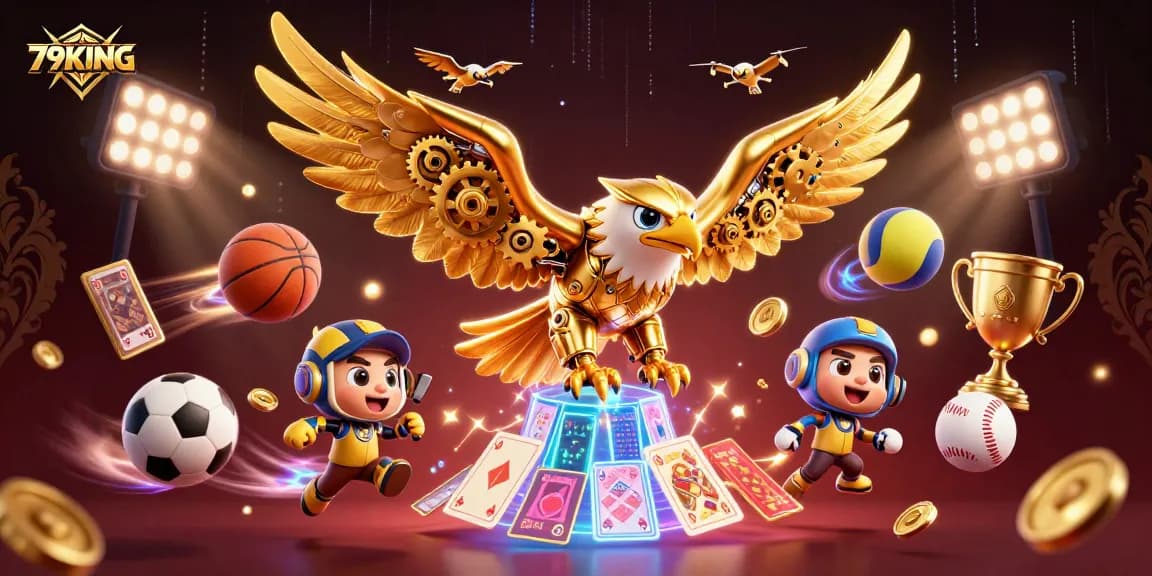 Engage with 79KING's exciting gambling scene featuring a triumphant cybernetic eagle and dynamic sports elements.
