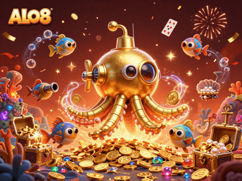 Catch excitement at ALO8 with a vibrant 3D scene featuring a golden kraken and coins.
