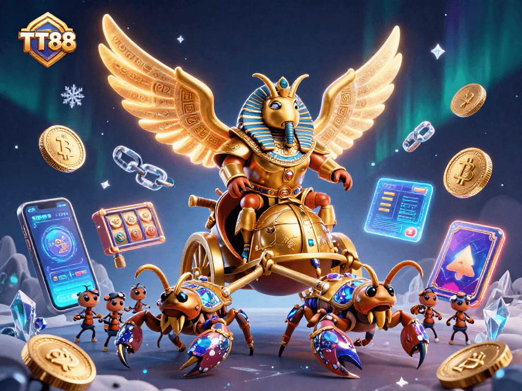 Experience the excitement of TT88 with a vibrant casino-themed 3D illustration featuring unique gaming elements.