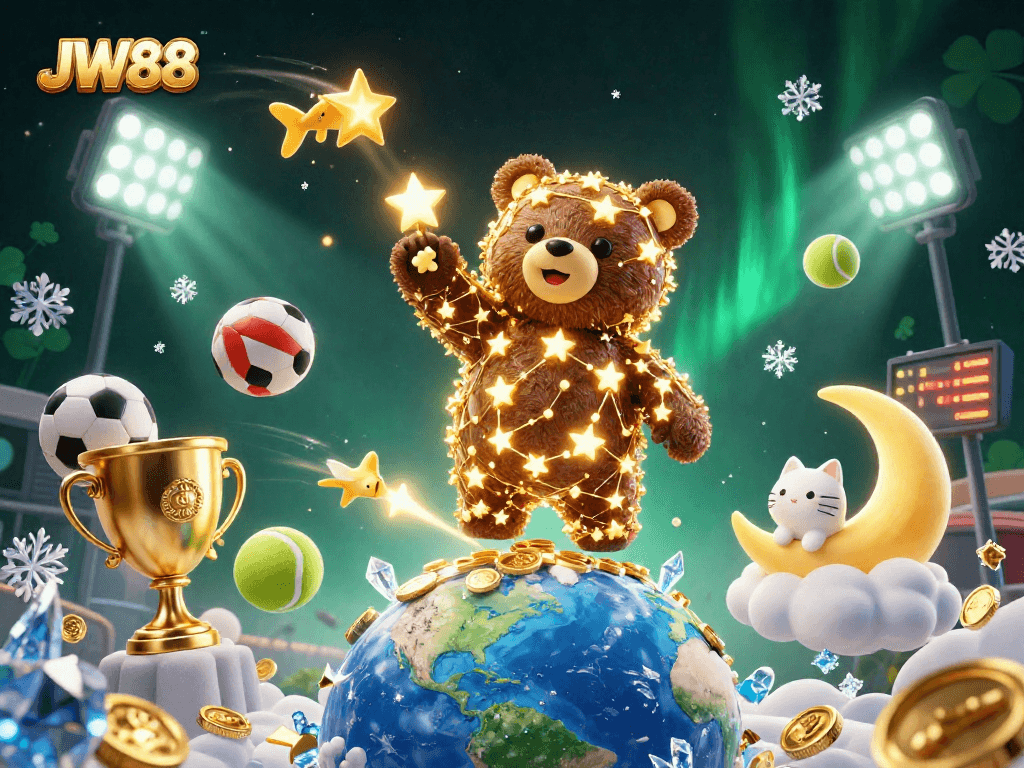 JW88 showcases vibrant gaming excitement with a bear scooping coins in a dynamic casino scene.