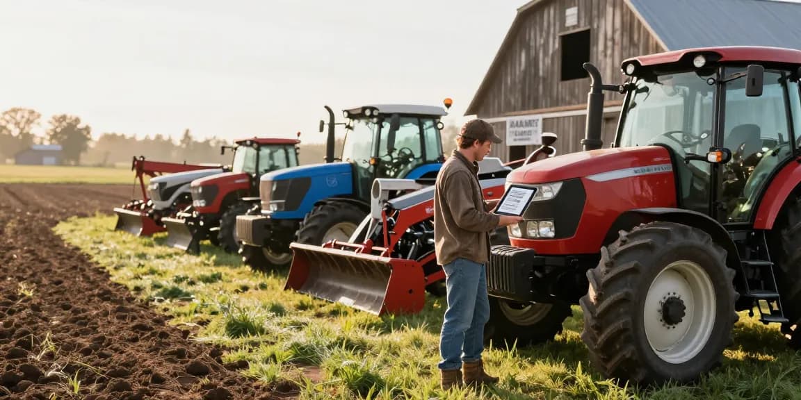 This farm equipment catalogue helps farmers compare tractors and combines in early morning light.