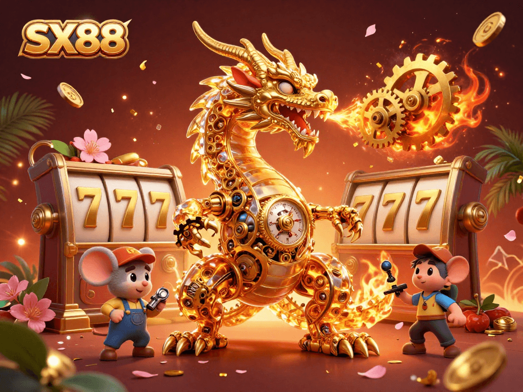 Experience the thrill of SX88 with a dynamic casino illustration showcasing a dragon and vibrant game elements.