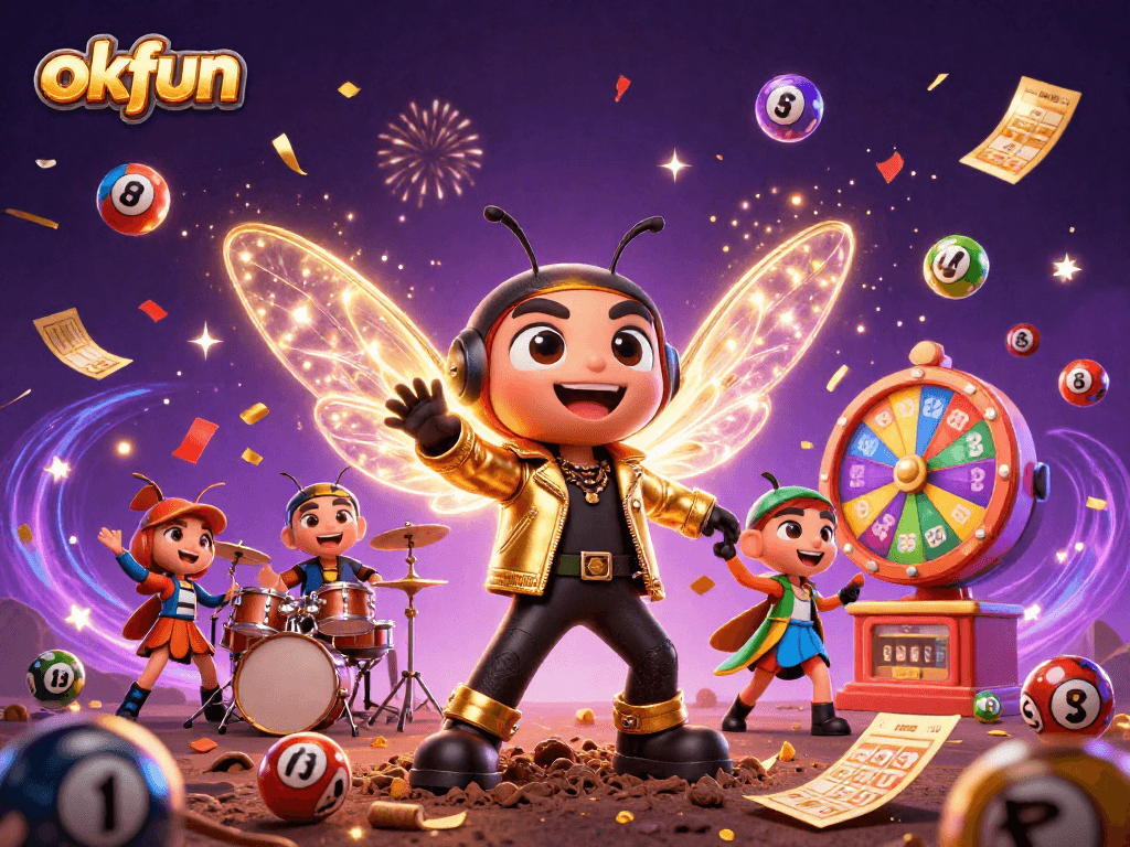 Experience the excitement at okfun with dynamic lottery balls and vibrant game elements in a thrilling scene.