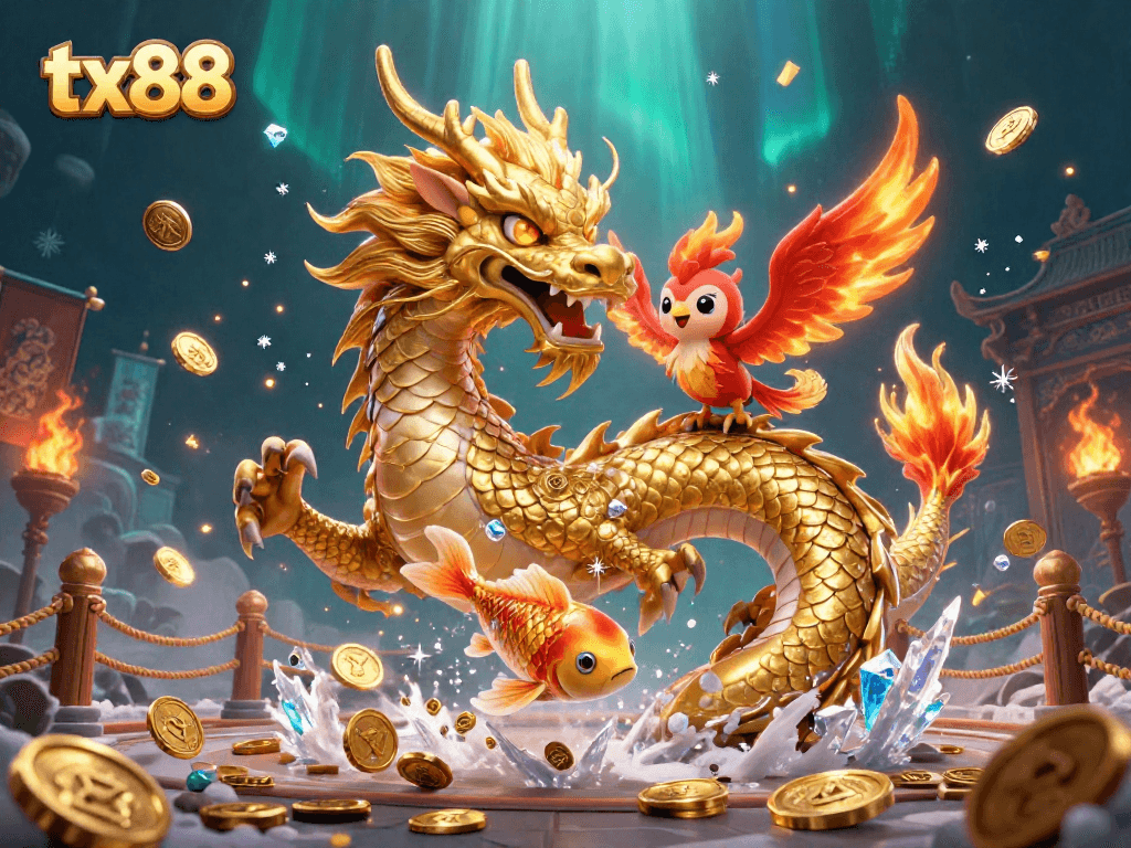Engage with tx88's vibrant casino scene featuring a majestic dragon, phoenix, and koi fish among gold coins.