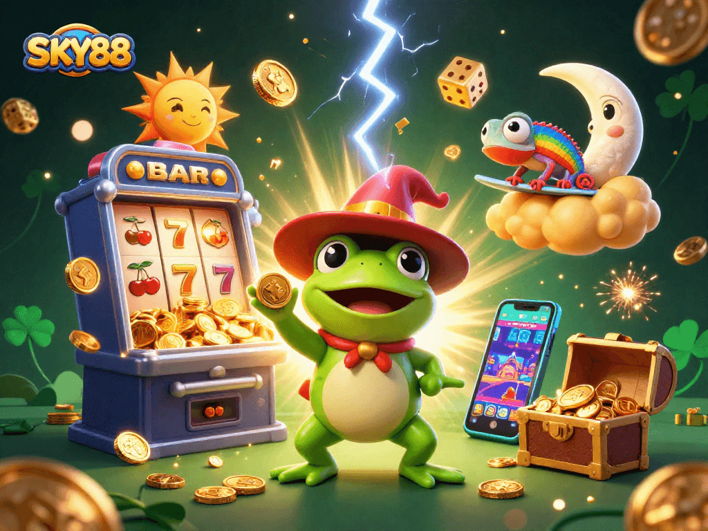 Experience thrilling wins at SKY88 with a vibrant illustration of 3D characters and slot excitement