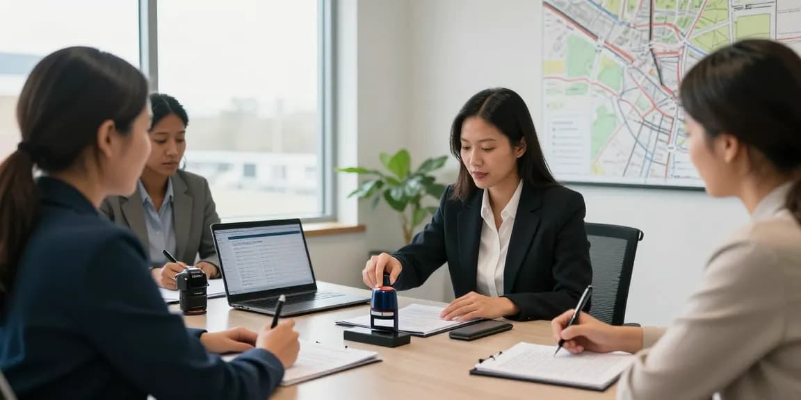 Notary public in Brampton, Ontario, assisting clients with document notarization in a professional office setting.