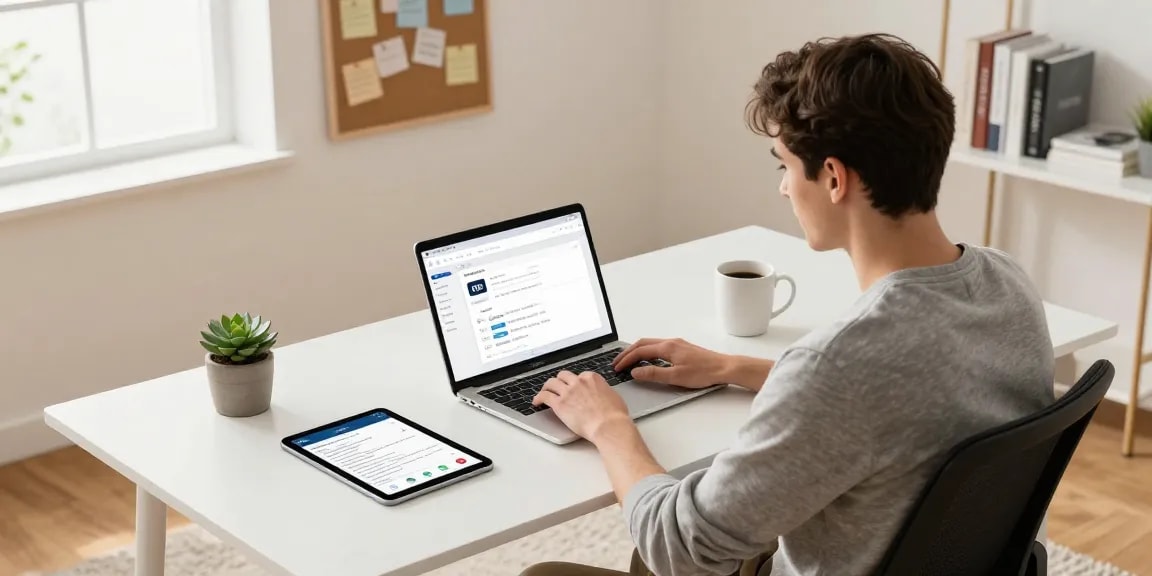 WPS Download in a modern home office workspace, professional downloading software on laptop with a productive atmosphere.