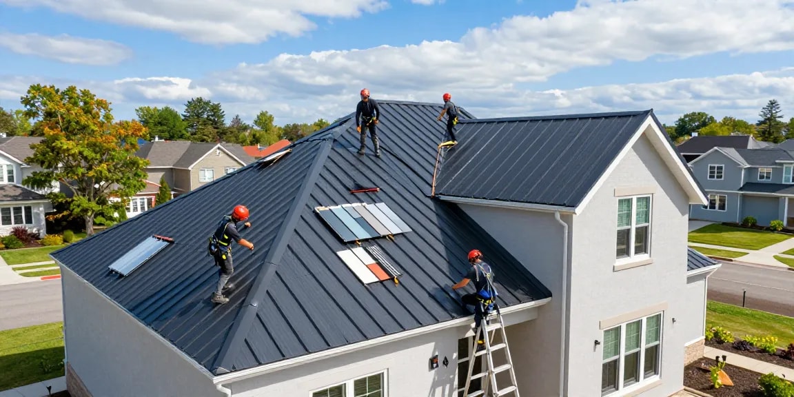 Completed metal roofing projects featuring professional installation of standing seam roofs and shingles.