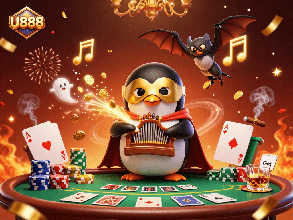 U888's penguin organist unleashes golden coins in a vibrant casino scene filled with poker elements.