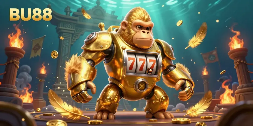 Experience thrilling gaming at BU88 with a 3D golden gorilla mech symbolizing jackpot excitement.