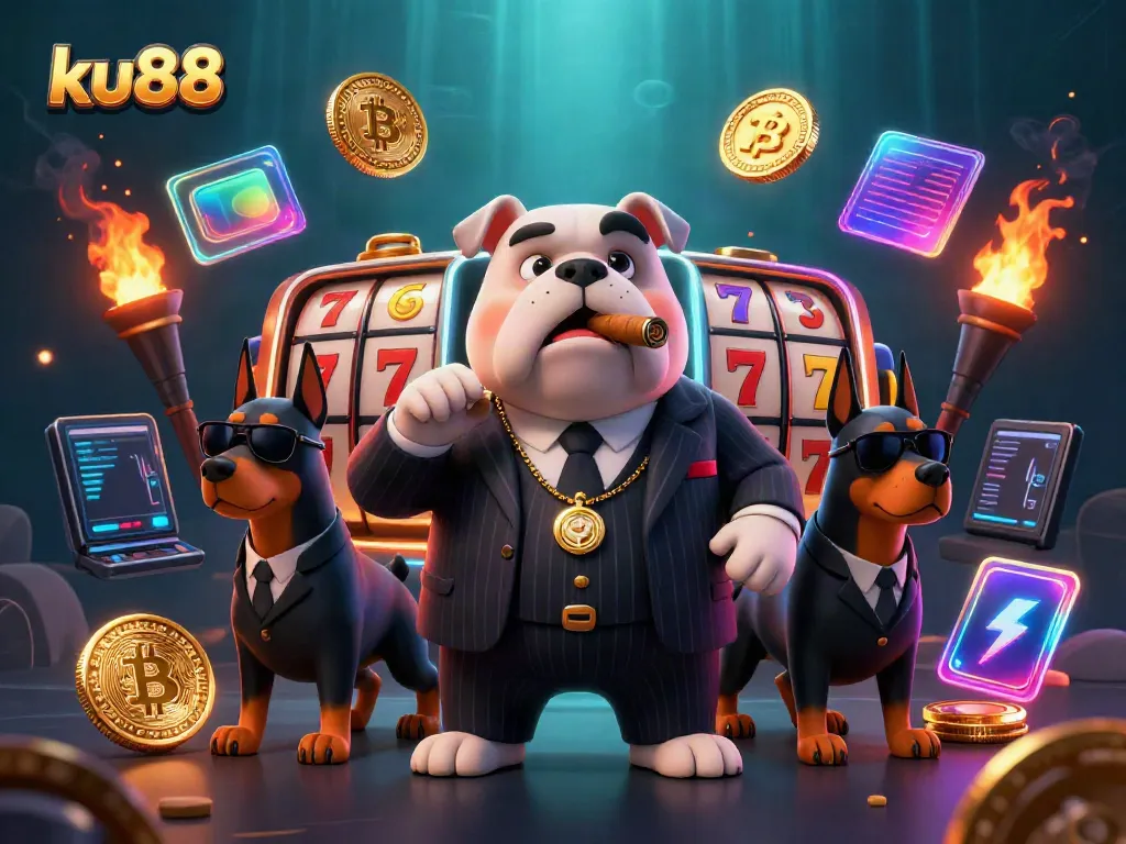 Join the excitement at ku88 with a mafia boss bulldog and bodyguard Dobermans in a lively casino scene.