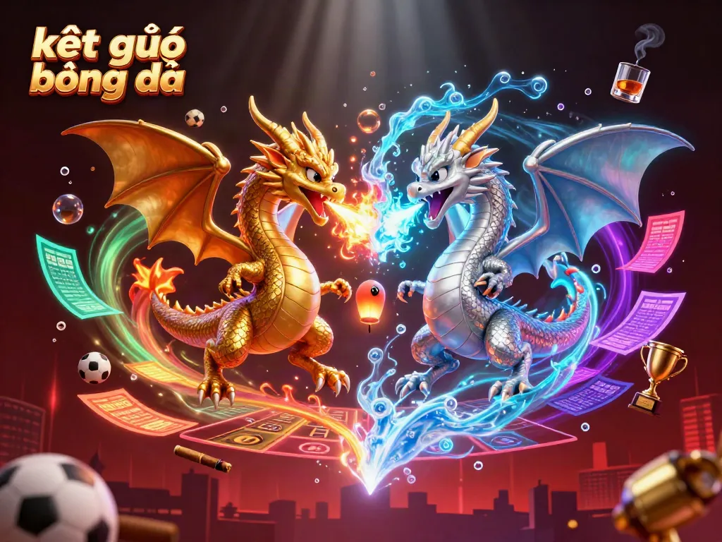Follow the action of kết quả bóng đá with fiery and frosty dragons amidst sports memorabilia in a vibrant scene