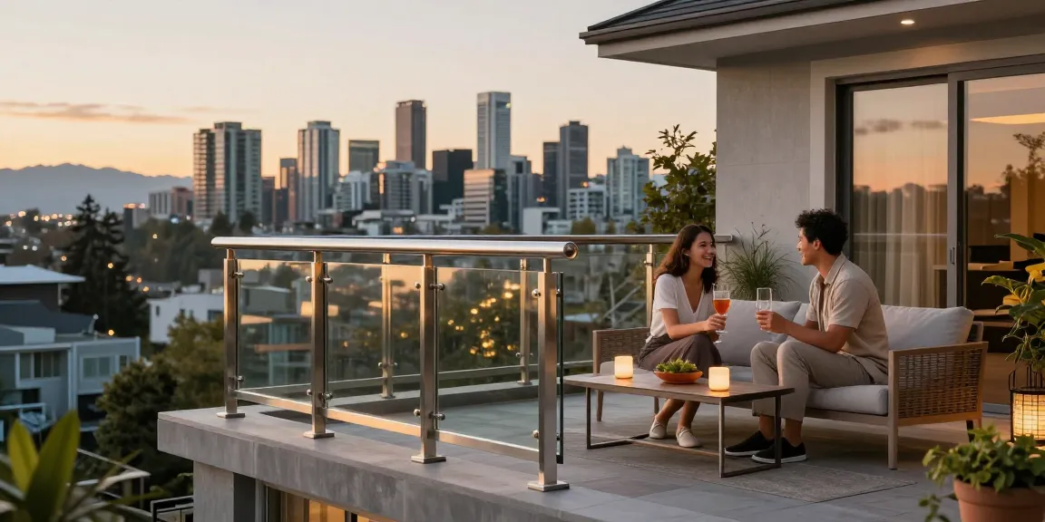 Stylish outdoor scene featuring custom railing north vancouver with city skyline view and happy couple.