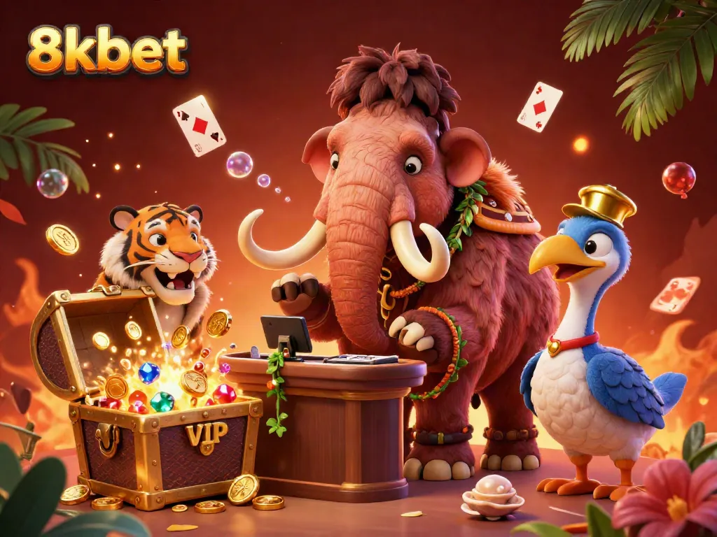 Experience 8xbet's vibrant casino world with a whimsical woolly mammoth checking IDs, showcasing fun gaming elements.