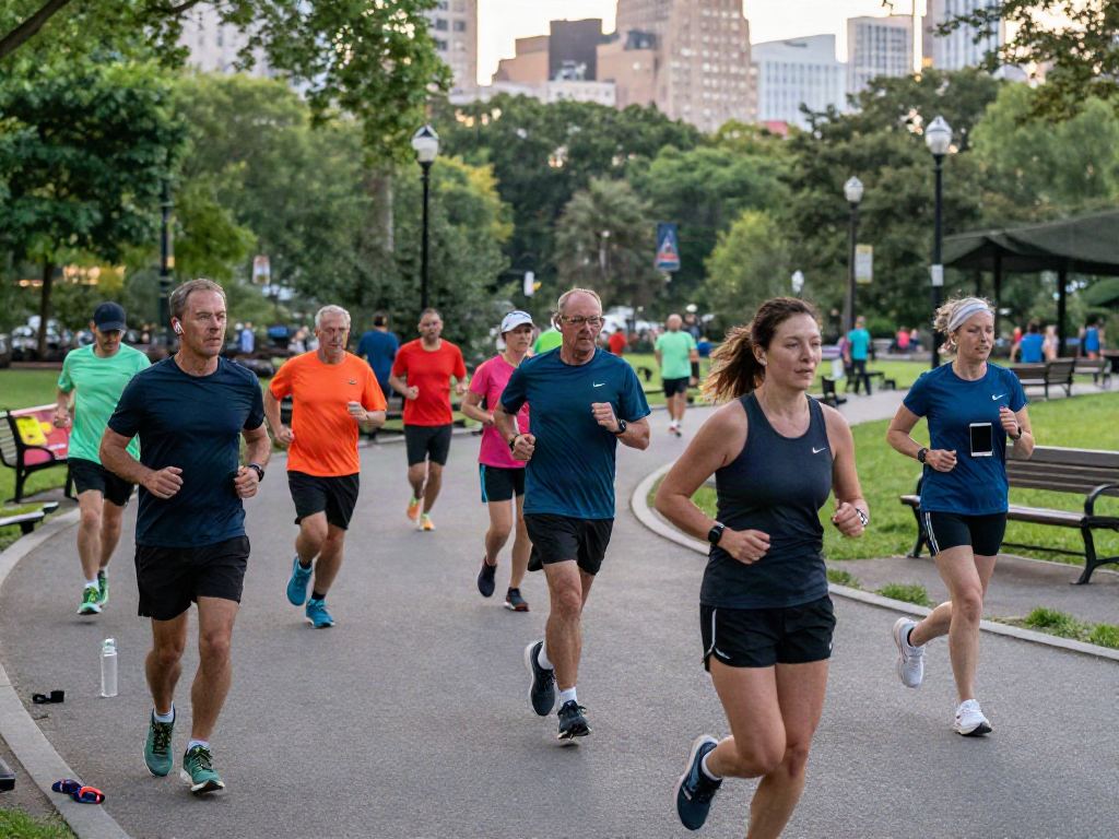 Group of diverse runners using the Streek app in an urban park, showcasing active lifestyle.