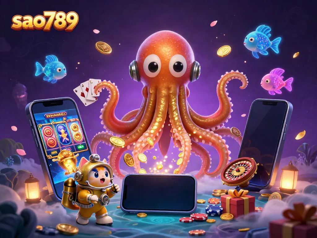 Experience thrilling gameplay at sao789 with a mesmerizing kraken and diving cat amid vibrant casino elements.