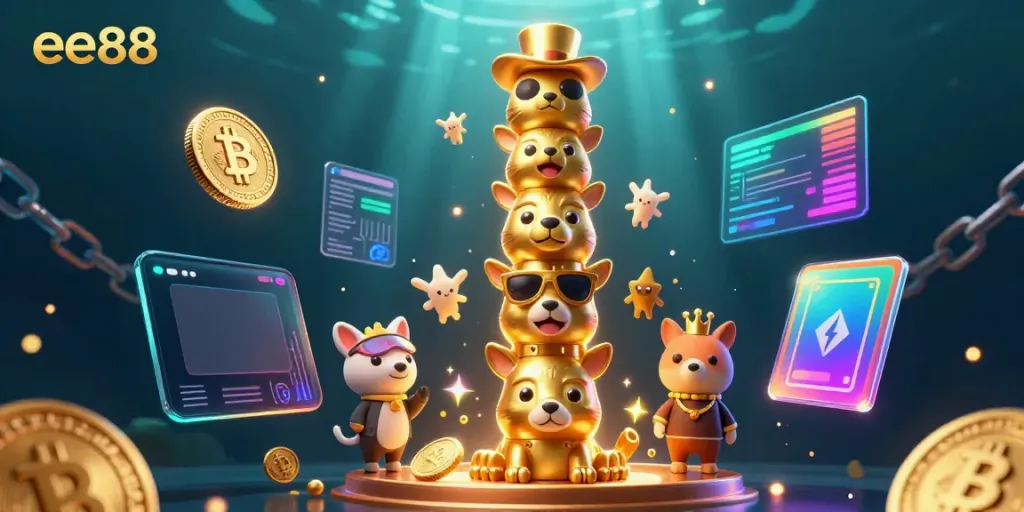 Play at ee88 with a vibrant 3D illustration of a totem pole surrounded by crypto and casino elements.