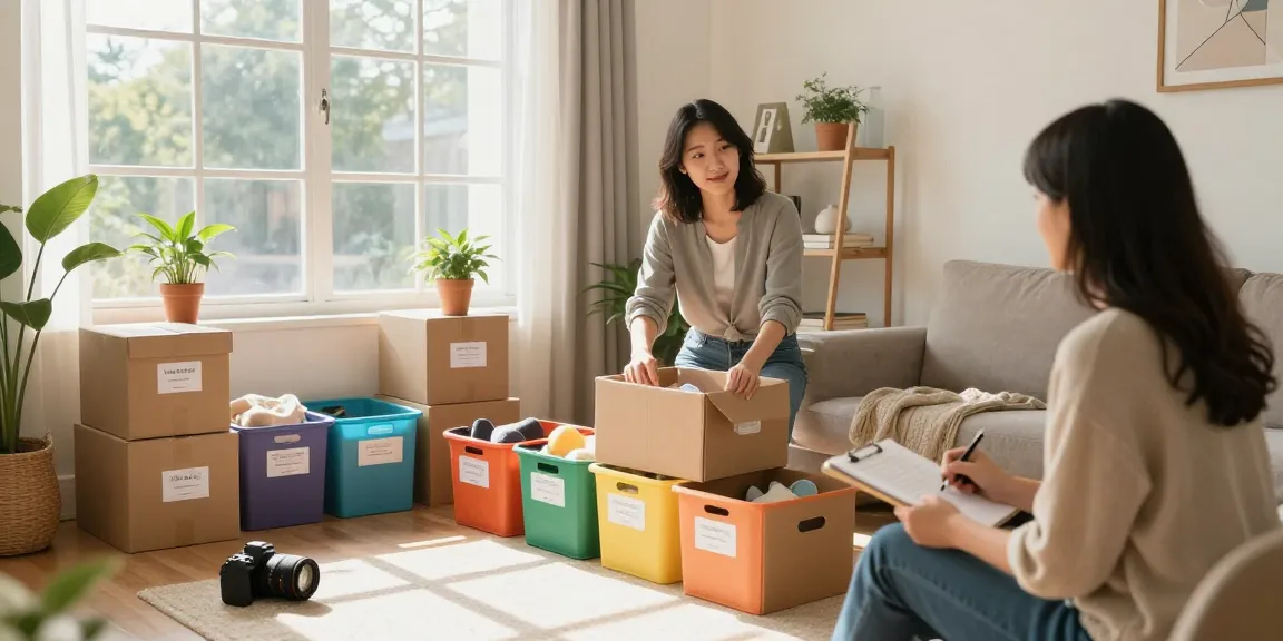 Decluttering services Ottawa: Professional organizer transforming a cluttered living room into a serene and organized space.