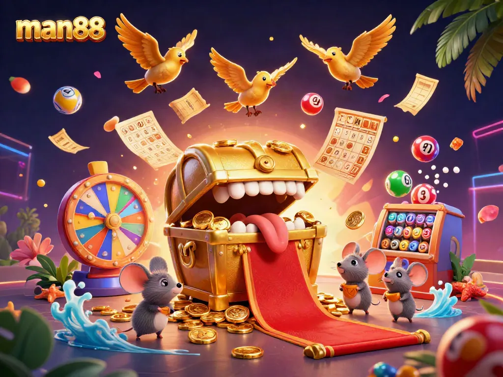 Engage in thrilling games at man88 with vibrant casino elements and a treasure chest.