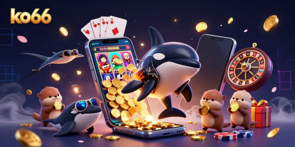 Experience the excitement of ko66 with a vibrant 3D casino scene featuring whimsical characters and rich gaming elements.