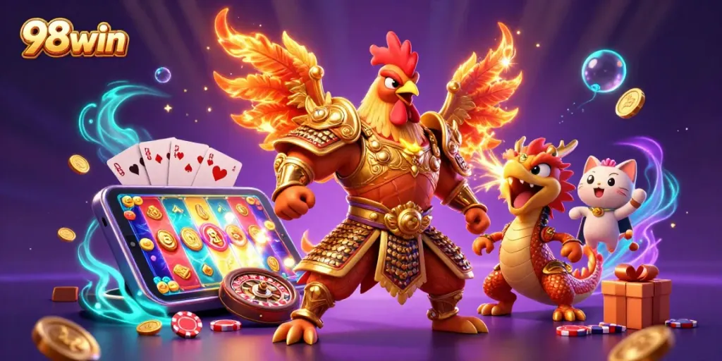 Join the excitement with 98win's roaring characters and dynamic casino elements in this vibrant 3D scene.