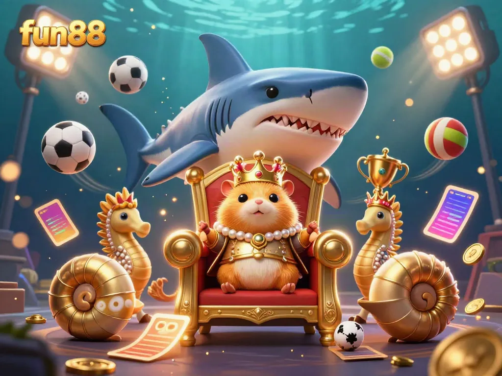 Experience fun88's vibrant gaming world with a golden hamster king and exciting sports elements.