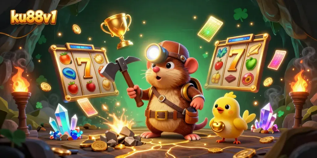 Experience the thrilling slots action at ku88v1 as our treasure hunter explores a stunning cave filled with riches.
