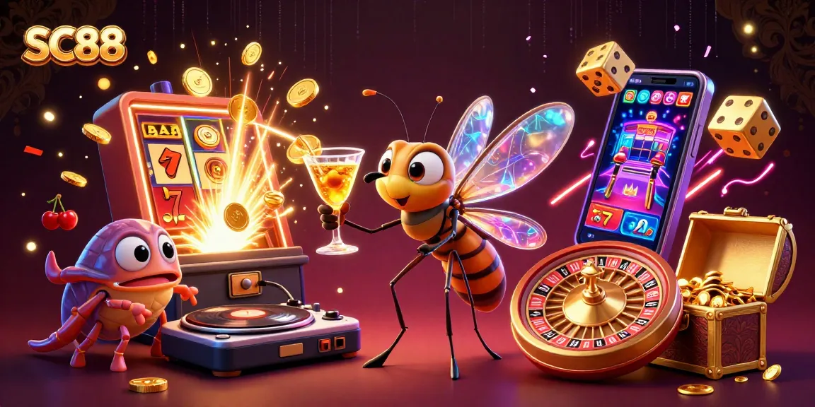 SC88 offers a vibrant casino-themed scene depicting a mosquito mascot and trilobite DJ amidst a jackpot explosion.