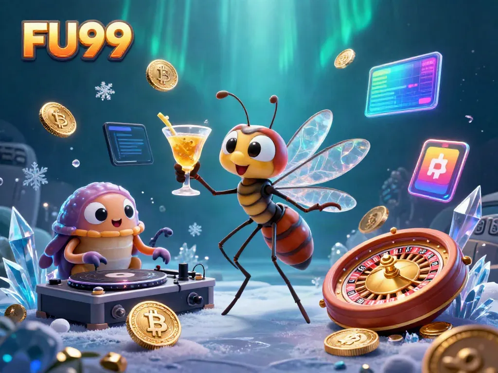 Experience the unique casino scene featuring FU99's whimsical characters alongside vibrant cryptocurrency elements.