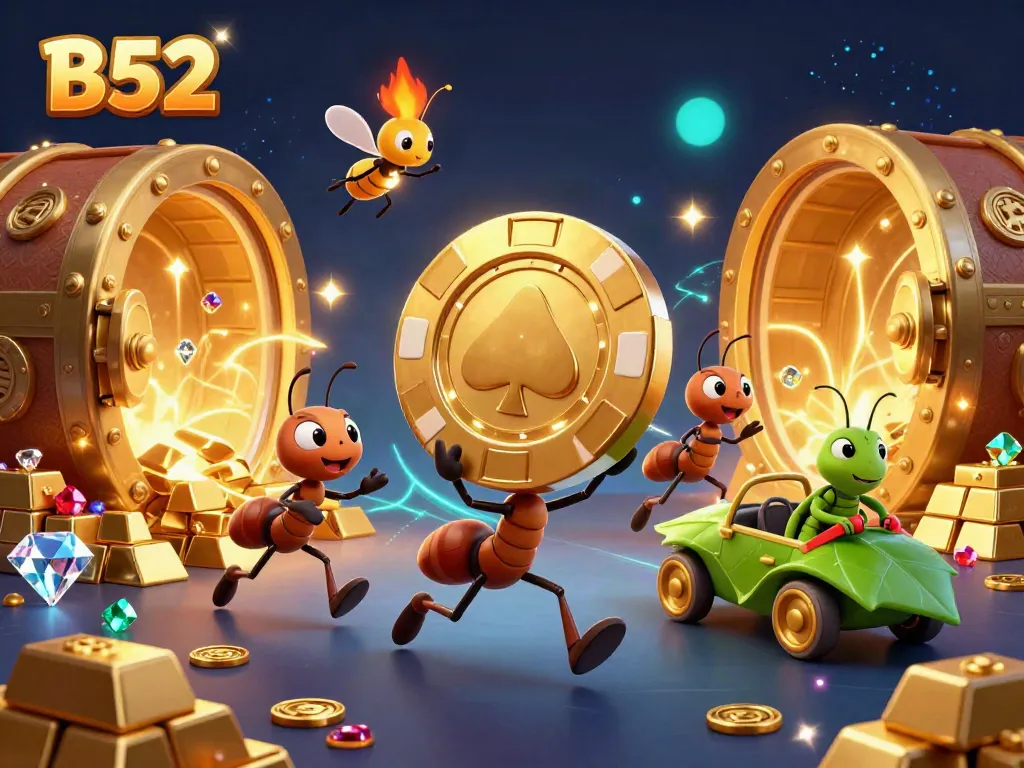 Ants in a casino heist scene carrying a giant poker chip, showcasing vibrant treasure elements and a firefly lookout
