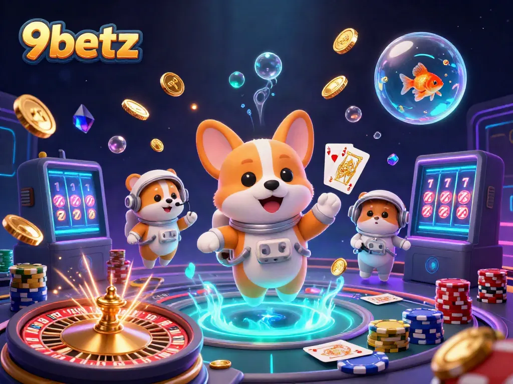 Engage with 9betz and witness a vibrant casino universe with floating coins, interactive characters, and stunning game elements.