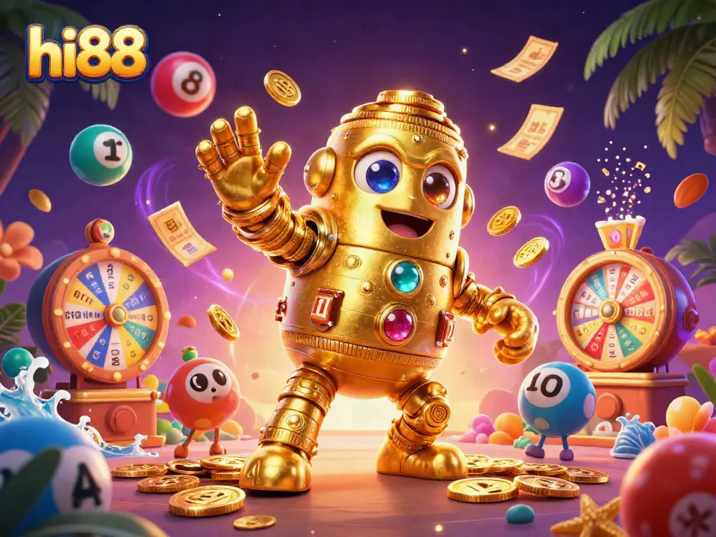 Experience exciting gameplay at hi88 with a golden golem amidst vibrant casino elements.