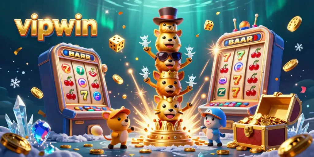 Experience thrilling gameplay excitement with vipwin's dynamic illustration showcasing vibrant slot machines and animated characters.