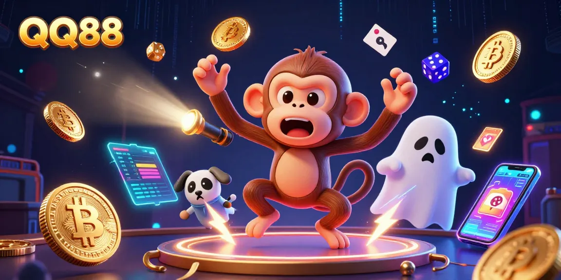 Experience thrills with QQ88 in an exciting, high-energy 3D casino scene filled with cryptocurrency elements.