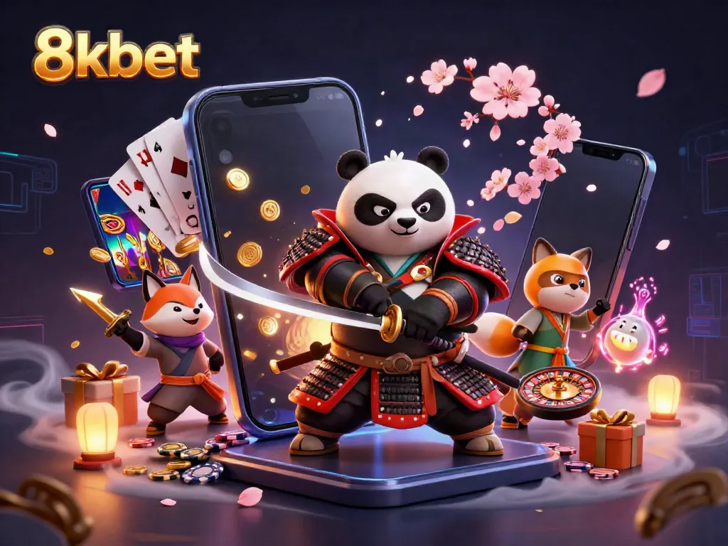Engage with 8xbet through a vibrant 3D scene showcasing exciting casino elements and characters.
