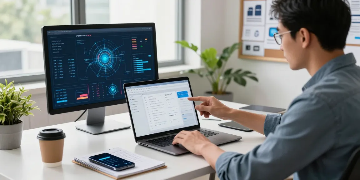 Professional utilizing an AI laptop in a modern workspace, surrounded by tech gadgets and data analysis displays.