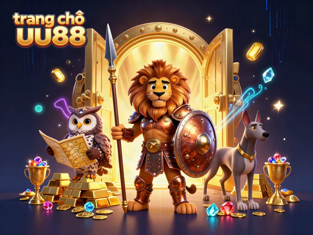 Engage with the vibrant world of trang chủ uu88 as the Spartan lion and companions celebrate winnings amid treasures.