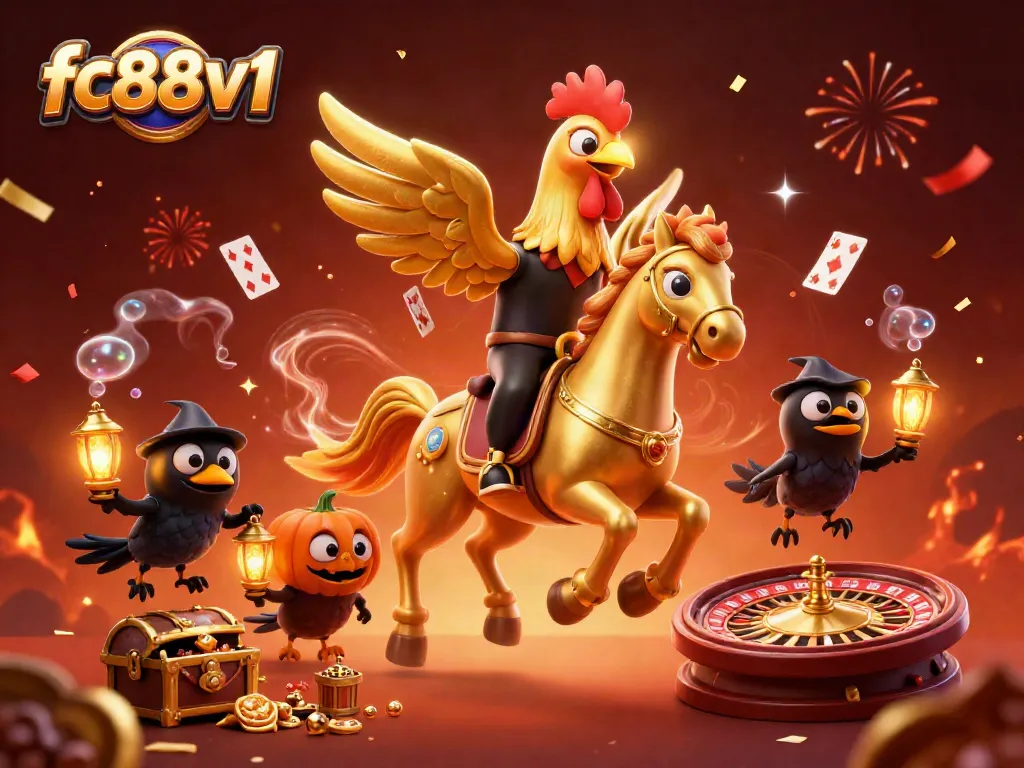 Engaging fc88v1 scene features animated gambling elements with a golden rooster in a vibrant casino atmosphere.