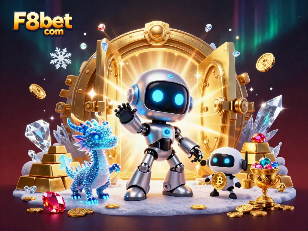Experience the thrill of gambling with F8bet com's vibrant 3D casino illustration featuring futuristic characters and prizes.