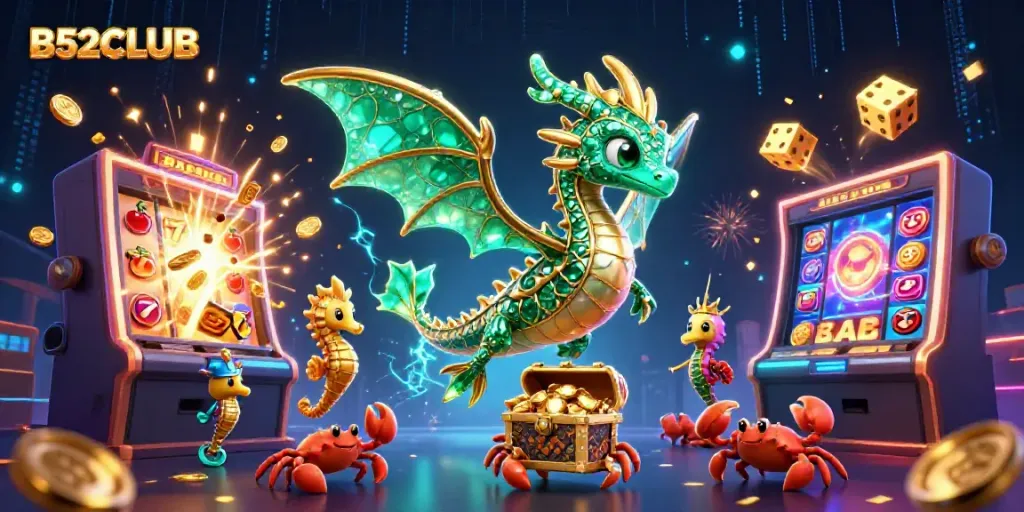 B52CLUB showcases a vibrant casino scene with a 3D cartoon sea dragon and dynamic slot machine activities.