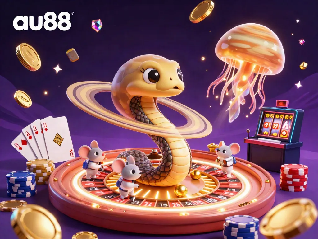 Experience thrilling gameplay at au88 with a vibrant 3D illustration of a cosmic casino scene.